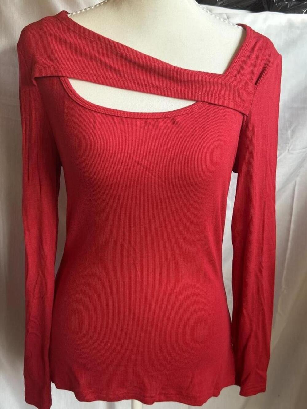 Womens Red Asymmetrical Cutout Long Sleeve Top Size M